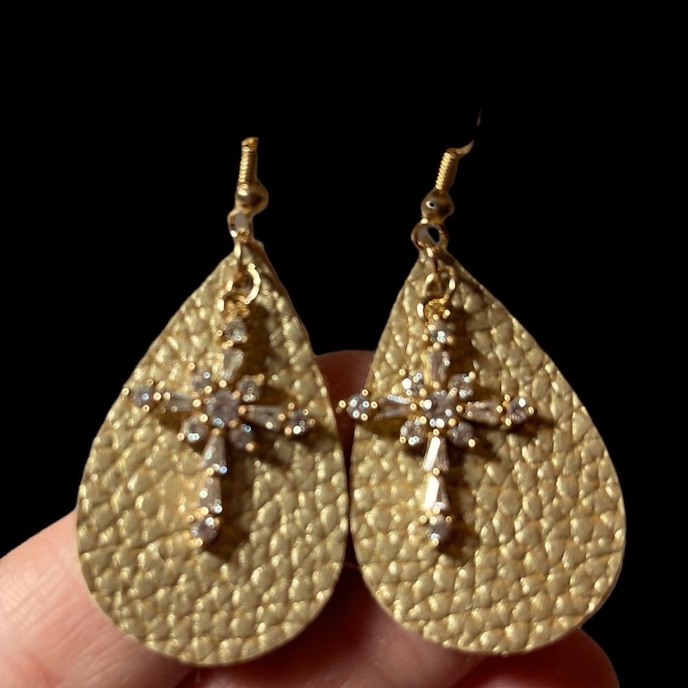 New faux leather cubic zirconia crystal cross earrings! Absolutely stunning!